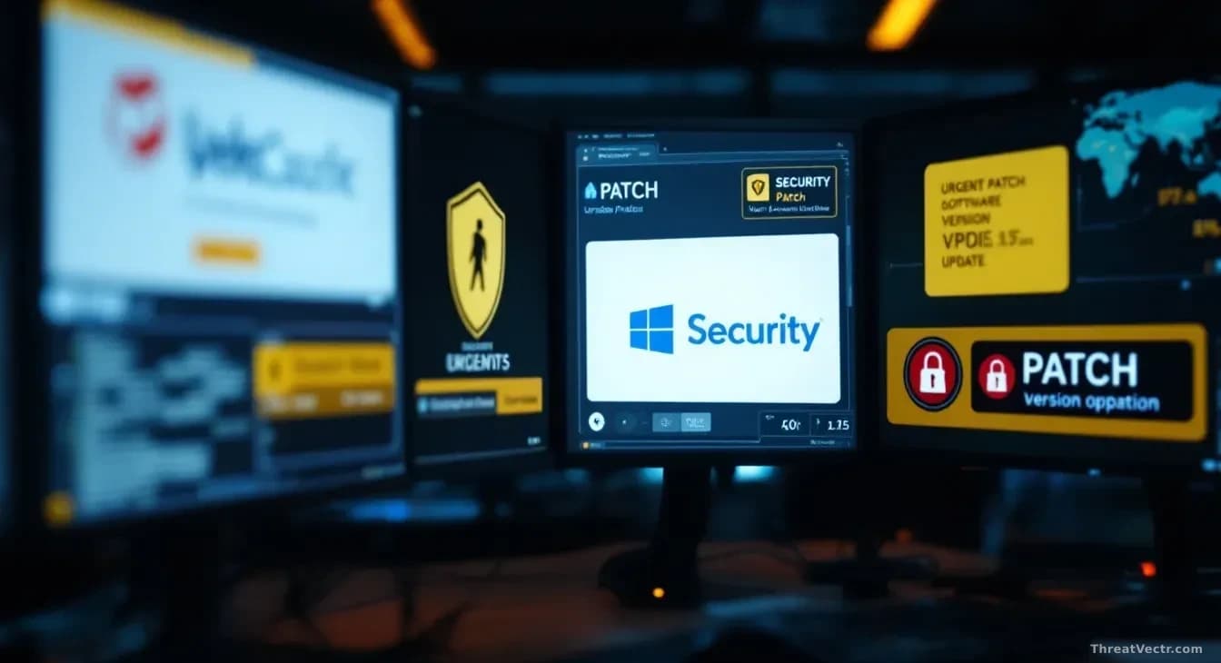 Four different security software vendor logos displayed on monitor screens in a security operations centre, each with urgent patch notification badges and versi