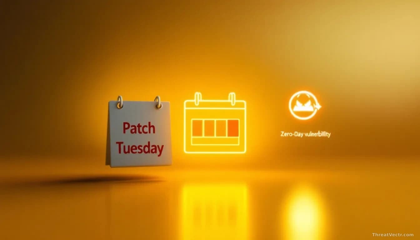 A Windows operating system update notification screen with a calendar showing Patch Tuesday highlighted, and a zero-day vulnerability indicator badge glowing om