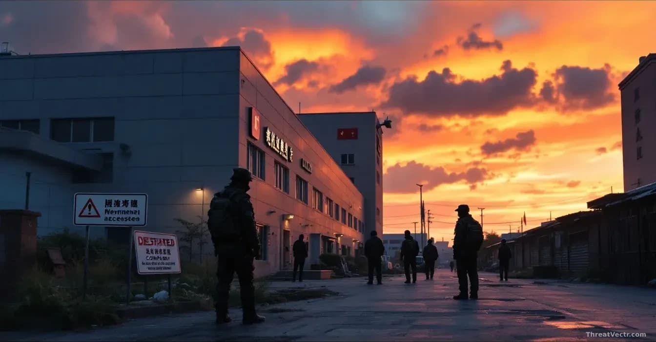A Chinese military facility exterior at dusk with restricted access signage, and shadowy figures removing cybersecurity company signage from a nearby building