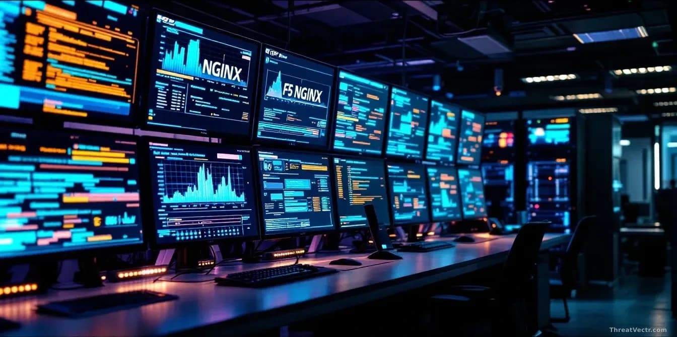 A network operations room with servers labelled with F5, NGINX, and BIG-IP infrastructure, with patch alert notifications cascading across monitoring screens