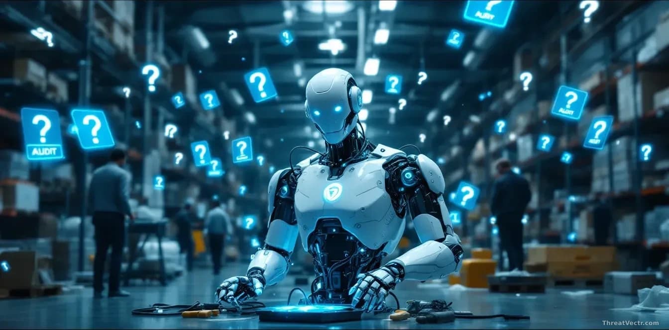A warehouse floor with a humanoid robot performing tasks among human workers, with visible electronic joints and cables exposed, surrounded by question marks an