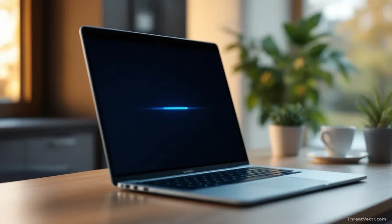 Full-frame photoreal image of a modern laptop on a plain desk, screen showing a generic blue software update progress bar without any brand marks or text, warm 