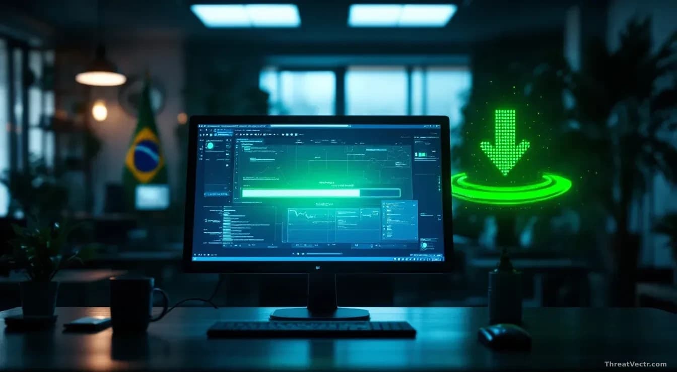 Full-frame photoreal news-editorial image of a dimly lit government office at night, a single desktop monitor glowing with an abstract green download progress b