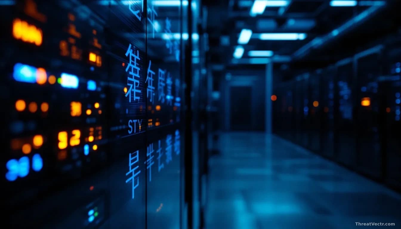 Photoreal editorial news image, 16:9, full frame edge to edge, dim server room inside a Taiwanese electronics manufacturing facility, blue and amber status ligh