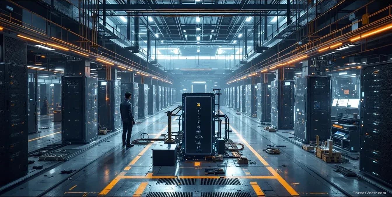 A sprawling AI data centre under construction with rows of server installations being rapidly built, but visible gaps in security infrastructure like missing pr