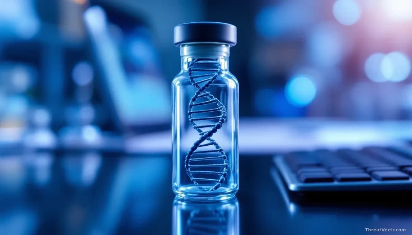 Full-frame edge-to-edge photoreal news-editorial image of a laboratory glass vial containing a coiled DNA double helix model, sitting on a dark reflective surfa