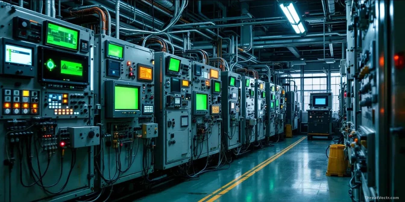 A factory floor with industrial control panels displaying dated interfaces and green monochrome screens, connected via tangled cables to modern equipment, showi