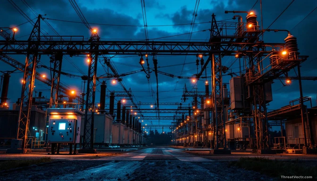 Full-frame photoreal editorial shot of a high-voltage electrical substation at dusk, rows of transformers and steel gantries under a deep blue sky, a small illu
