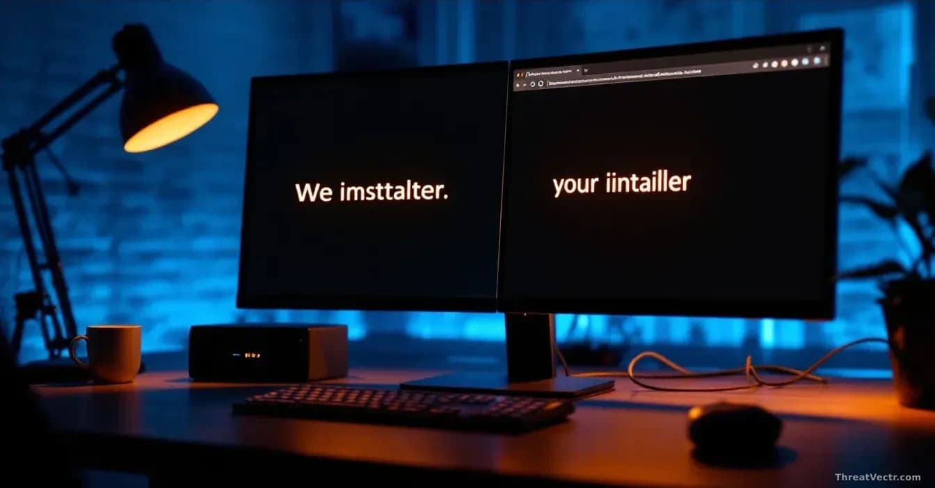 Full-frame 16:9 photoreal news-editorial image of a dimly lit desk with two nearly identical software installer windows glowing on a monitor, one subtly misspel