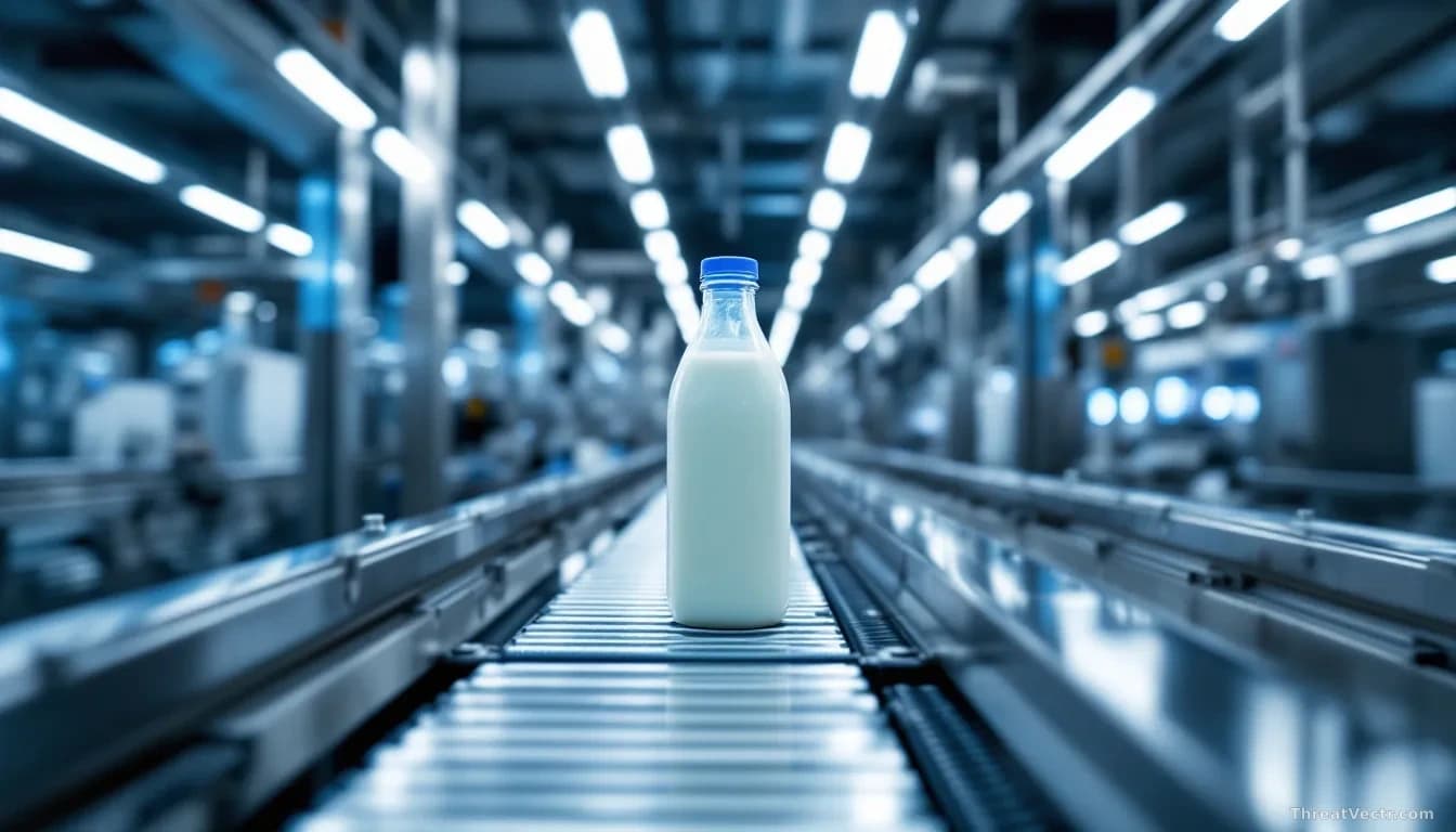 Full-frame photoreal editorial shot of an empty stainless-steel dairy bottling line at a large modern factory, conveyor belts still, overhead fluorescent lights