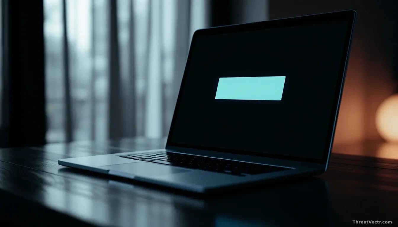 Photoreal editorial shot of a modern silver laptop on a dark wooden desk, screen showing a generic blurred password prompt box glowing against an otherwise blac
