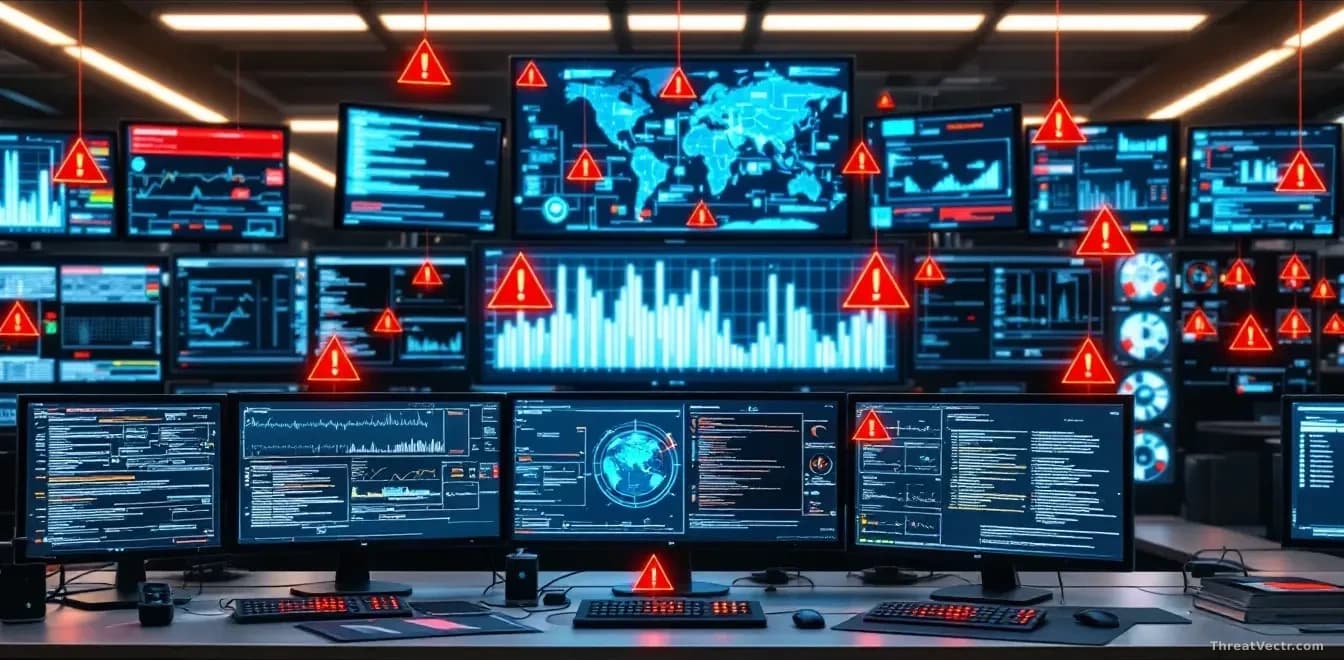 A network operations center with multiple monitors displaying complex data flows and algorithmic processes, with warning indicators flashing across screens as a
