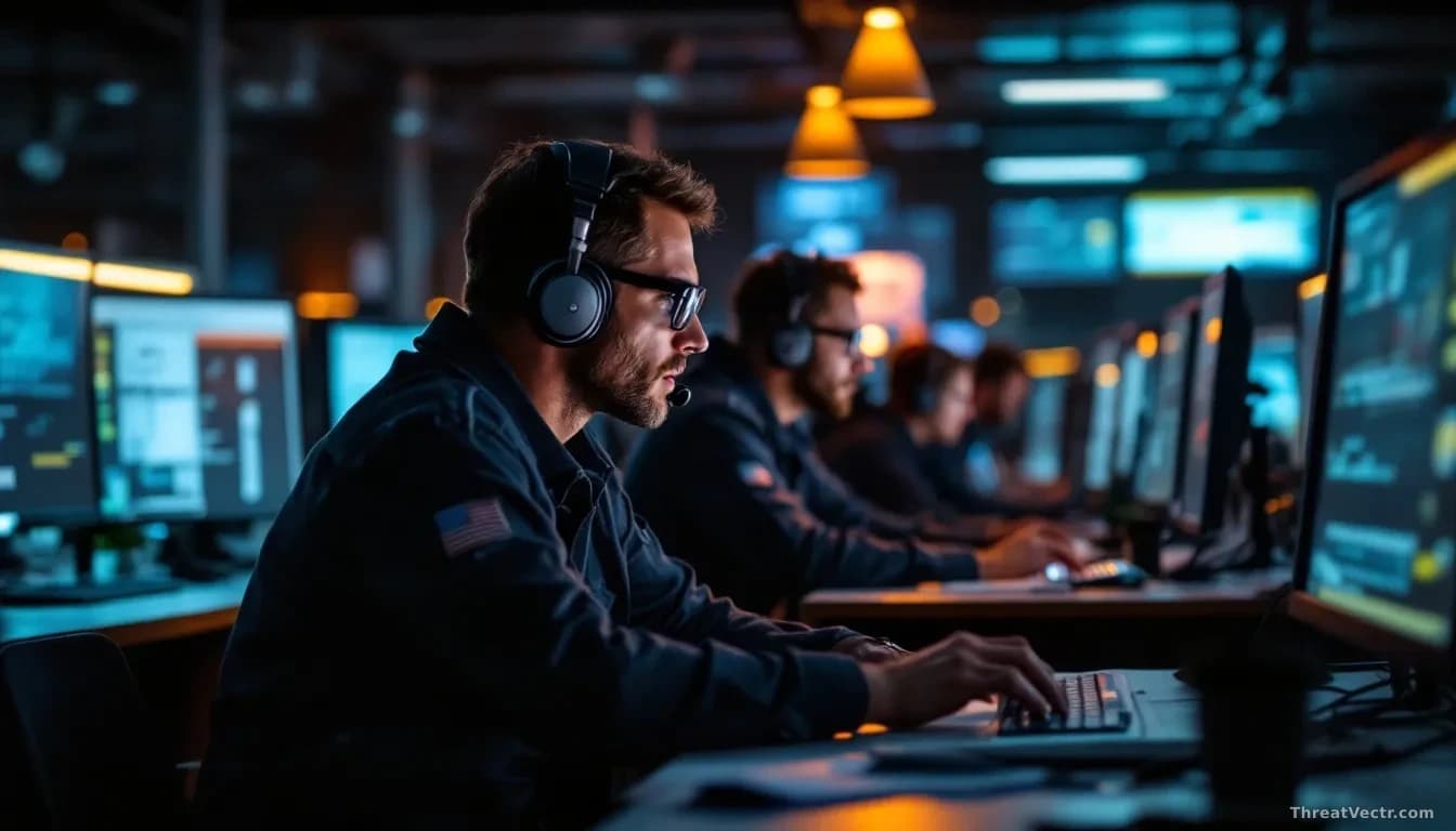 A government IT department frantically updating systems at night, multiple technicians at workstations with security patches being deployed across networks, urg