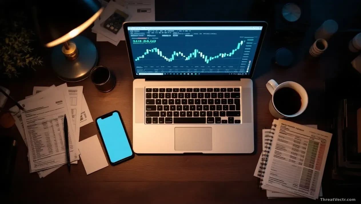 Full-frame overhead editorial photograph of a cluttered desk showing an open laptop displaying a generic stock chart with green upward candles, a smartphone fac