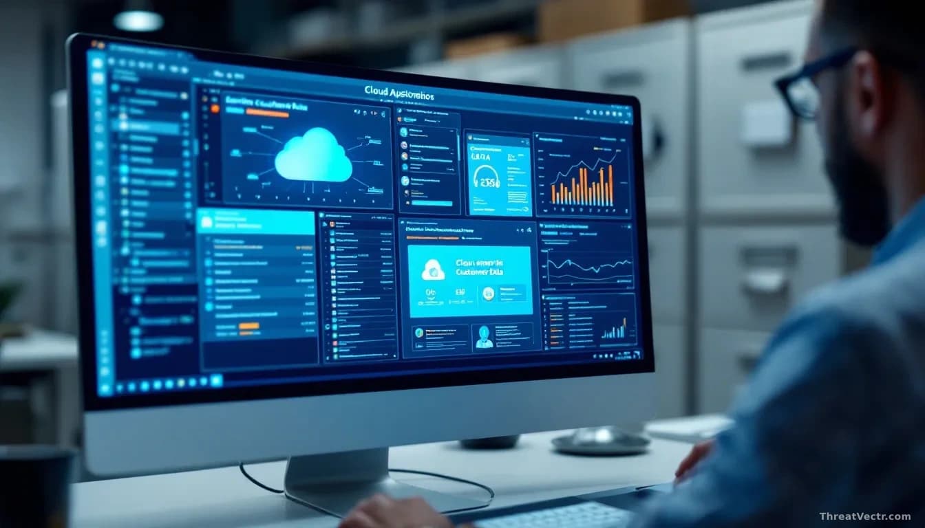 An office worker's computer screen showing multiple cloud application windows open simultaneously with sensitive customer data visible in each, filing cabinets 