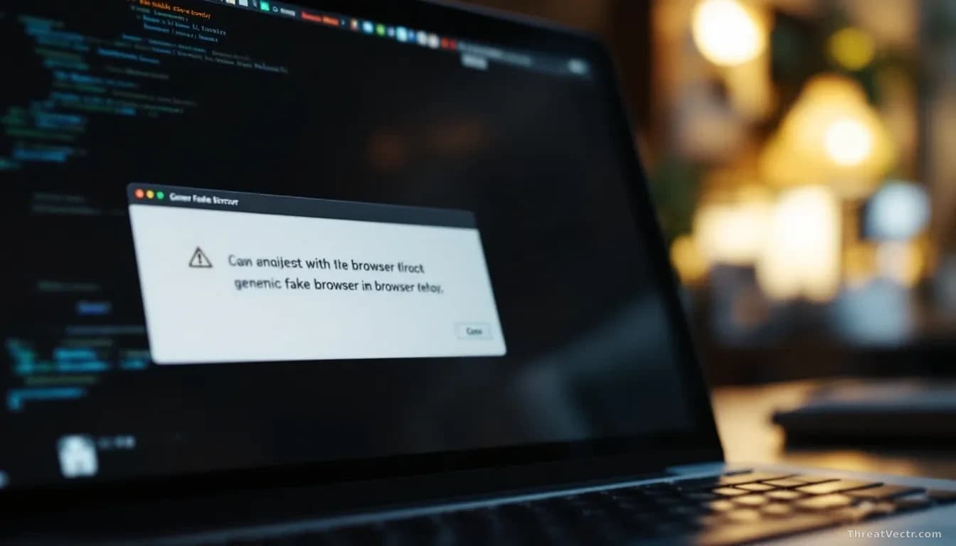 Full-frame photoreal shot of a laptop screen showing a generic fake browser error dialog, warm office lighting, blurred keyboard in foreground, moody editorial 