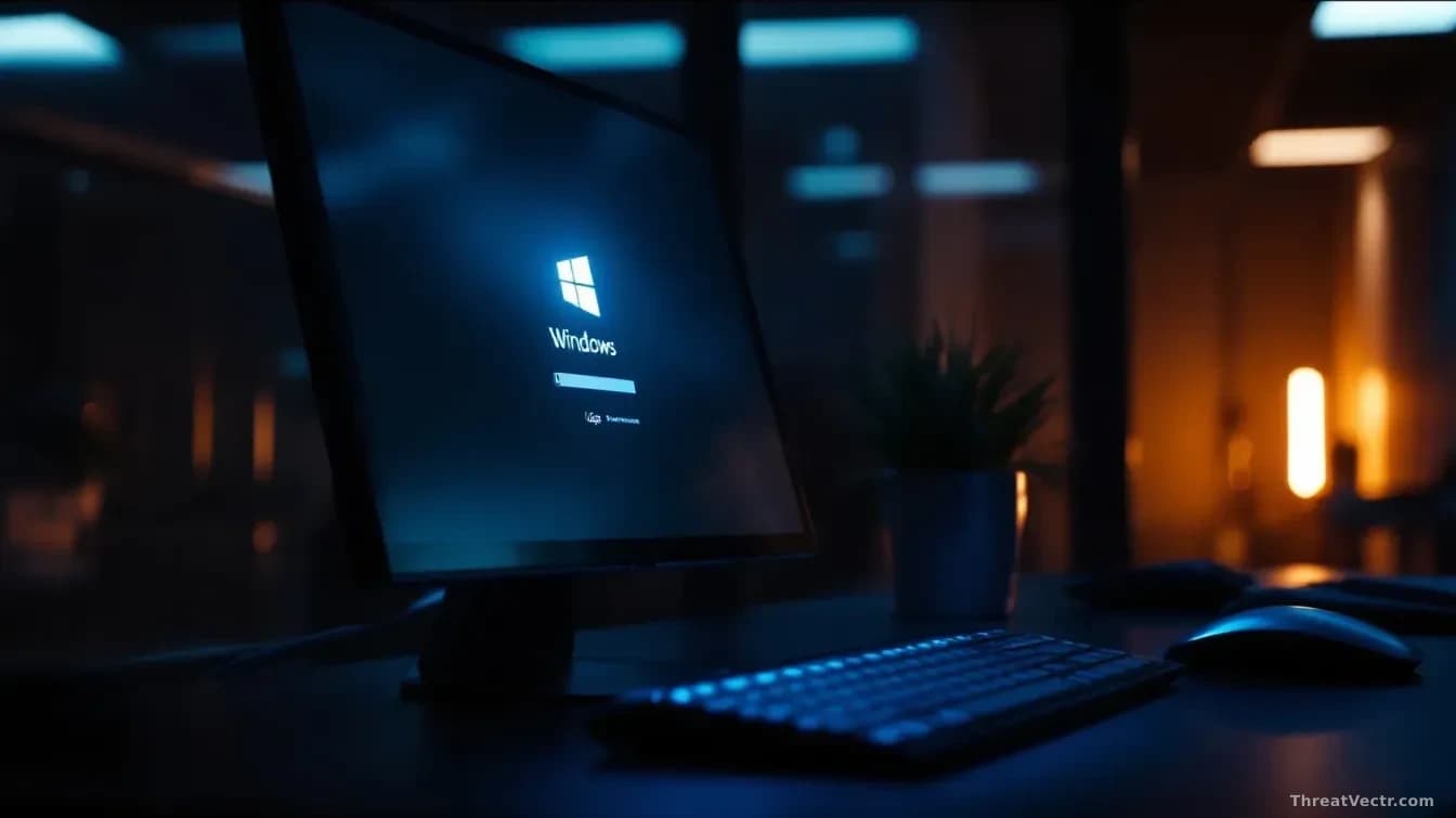 Photoreal news-editorial image of a darkened office workstation showing a Windows-style login screen glowing on the monitor, with a faint blue reflection on the