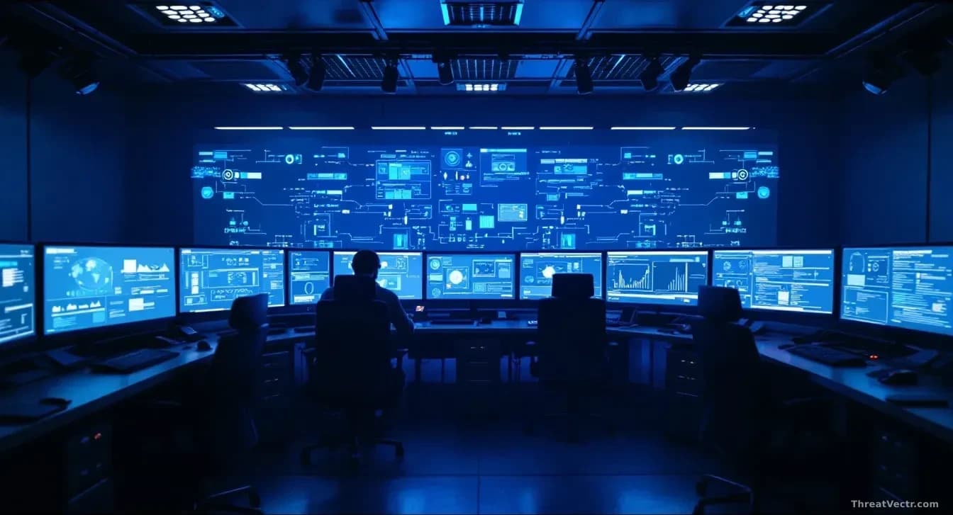An empty network operations center at night with monitors displaying autonomous threat response systems running without human operators present, eerie blue ligh