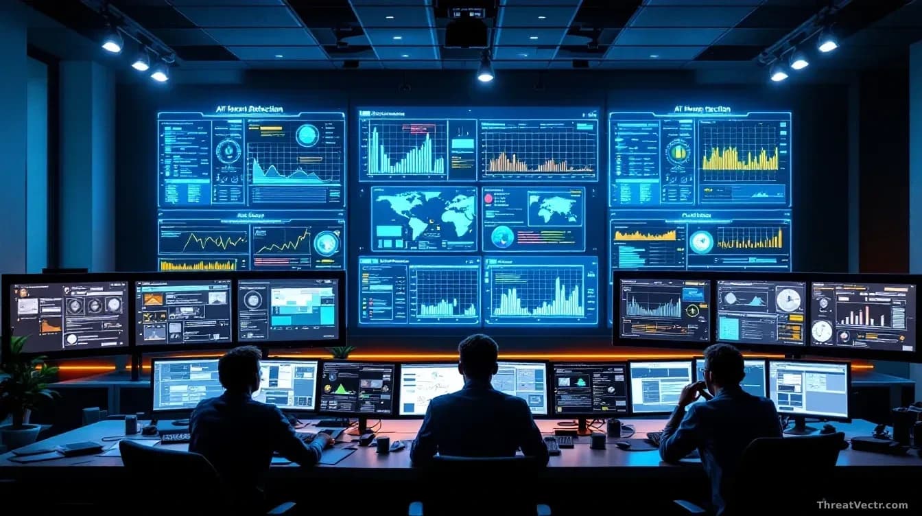 A command center with multiple large display screens showing AI threat detection dashboards with real-time attack indicators, operators seated at workstations m