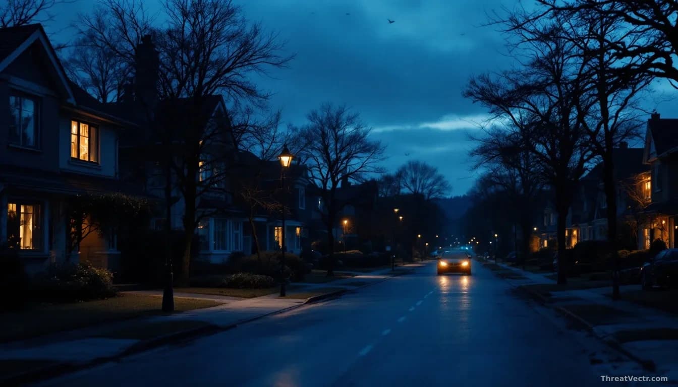 Full-frame photoreal news-editorial image of a dimly lit suburban street at dusk with rows of houses, each with a faint glowing router light visible through a w