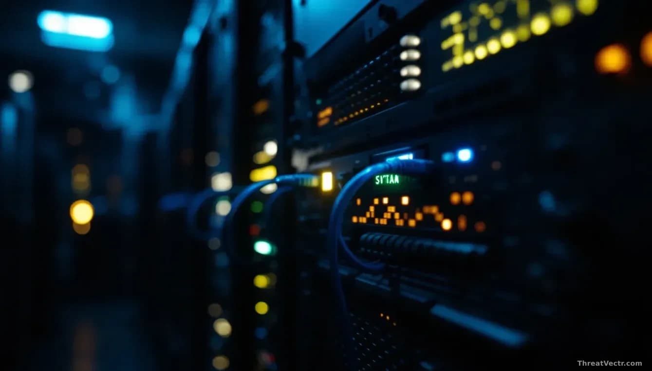 Full-frame edge-to-edge photoreal news-editorial image of a dimly lit server rack in a data centre, one panel glowing with a soft green status light, faint blue