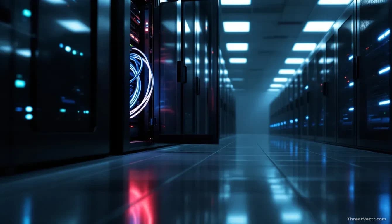 Full-frame photoreal editorial image of a dimly lit server room with rows of humming racks, one open cabinet showing a glowing blue cable bundle, subtle red war