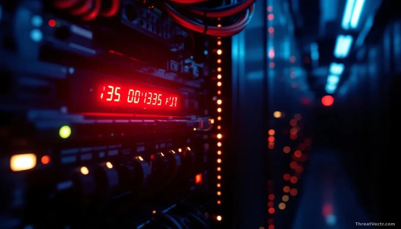 Photoreal editorial shot of a server rack in a dim data centre, one blade glowing faintly red, cables neatly arranged, shallow depth of field, edge-to-edge comp
