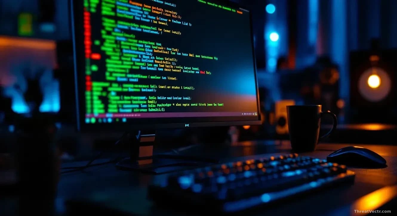 Full-frame photoreal news-editorial image of a dimly lit developer workstation at night, glowing monitor showing rows of package manager install output in green