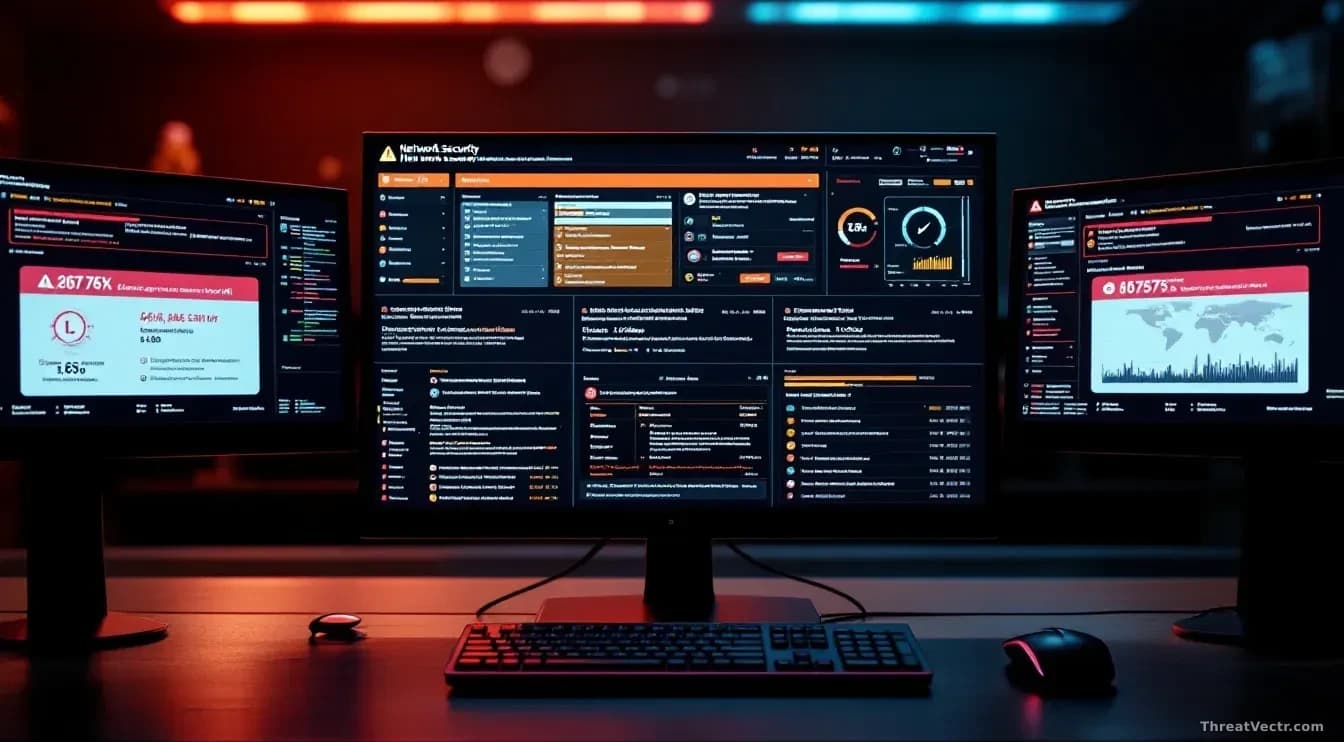 A network security dashboard displayed across multiple monitors showing warning alerts and breach notifications, with a keyboard and mouse in the foreground sug