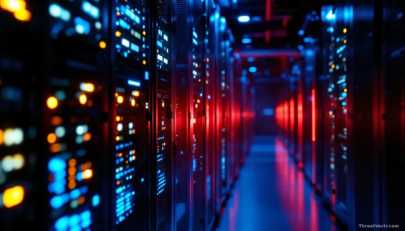 Full-frame edge-to-edge photoreal news-editorial image of a dimly lit server room aisle at night, rows of humming rack-mounted servers with soft blue and amber 