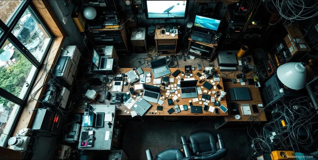 Illustration: a cramped compound room packed with multiple laptops, SIM cards in organized trays