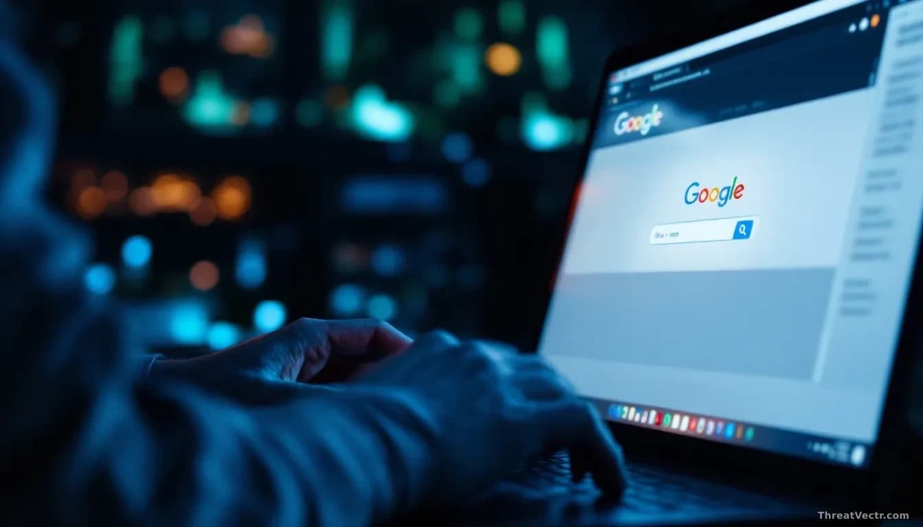 A person's hands on a keyboard at night, with Google search results glowing on the monitor behind them, showing the top result highlighted in a search engine re