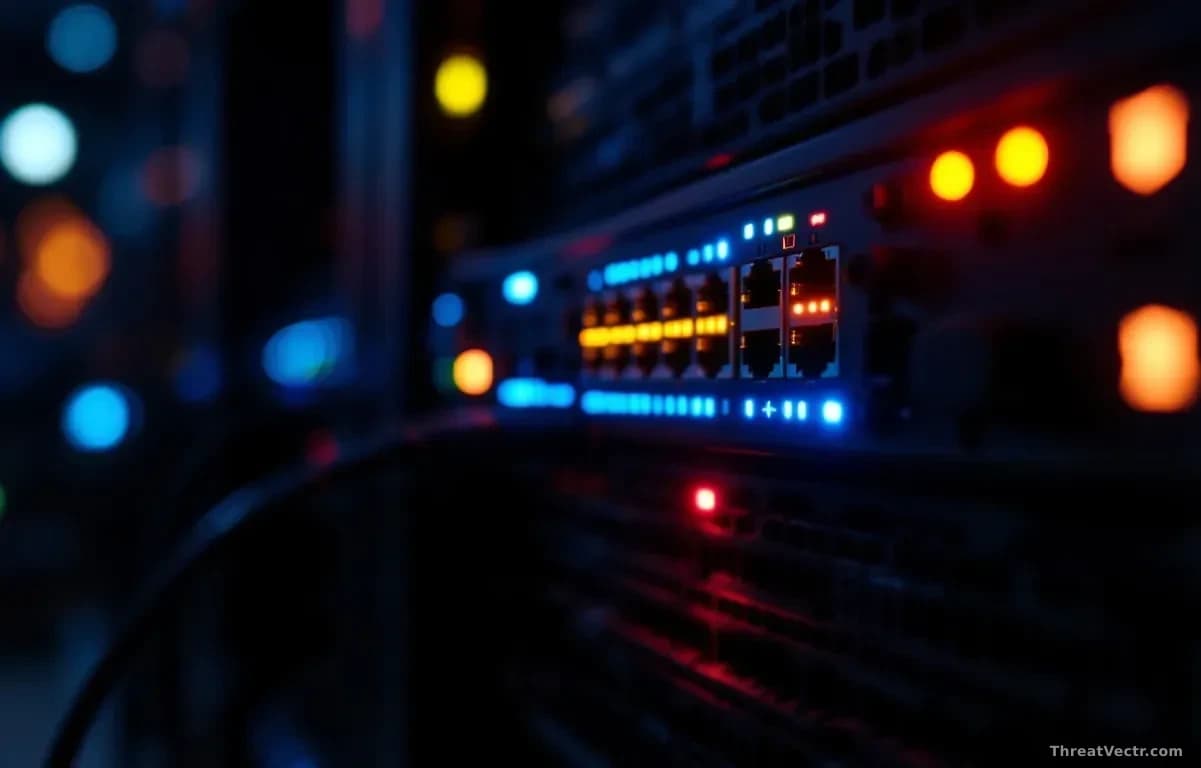 Photoreal news-editorial image, 16:9, full-frame edge to edge, close-up of a rack-mounted network security appliance in a dim server room, glowing blue and ambe