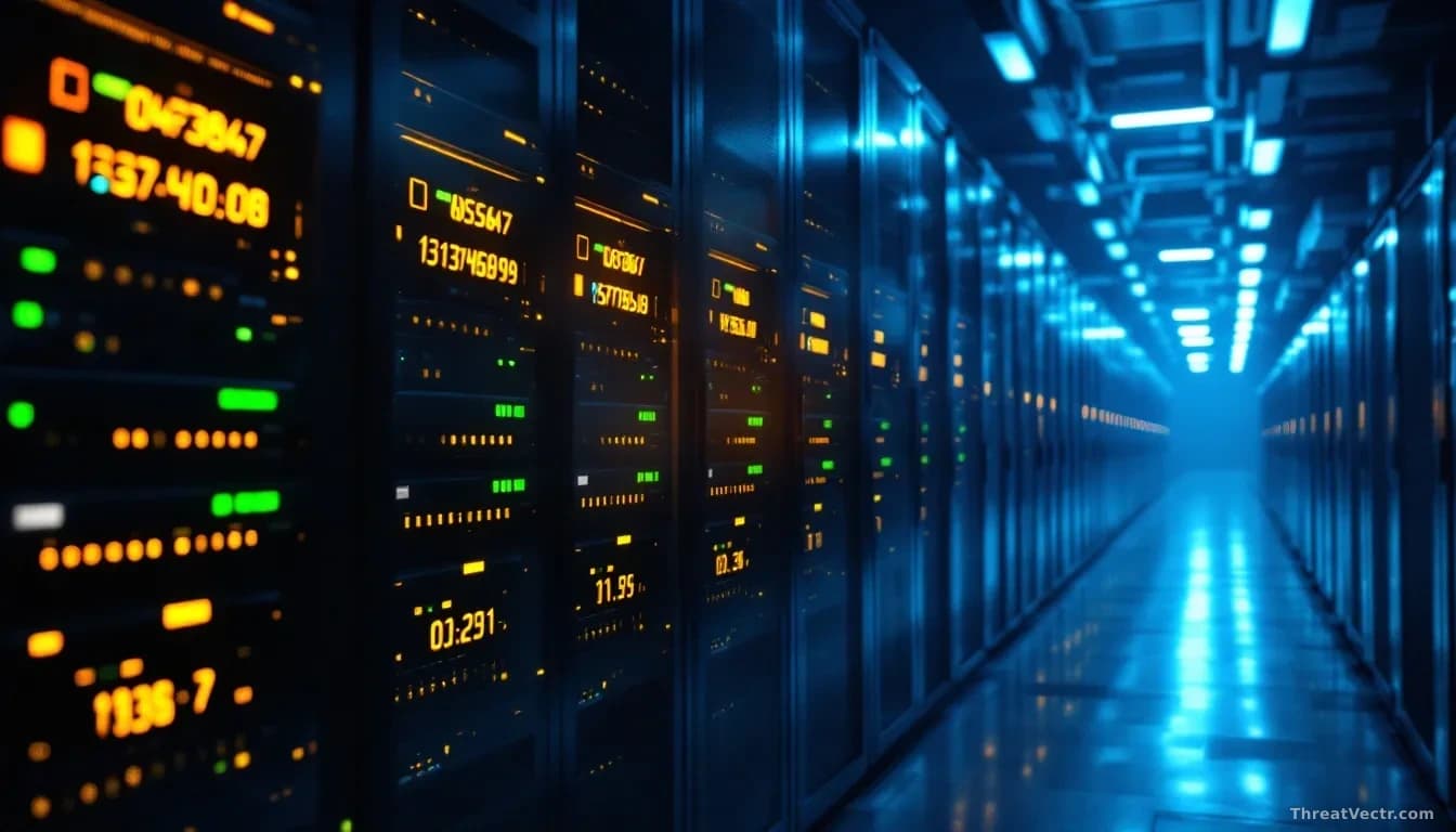 Photoreal editorial shot of a dimly lit server room in a Russian government building, rows of network equipment with faint green status lights, a single monitor