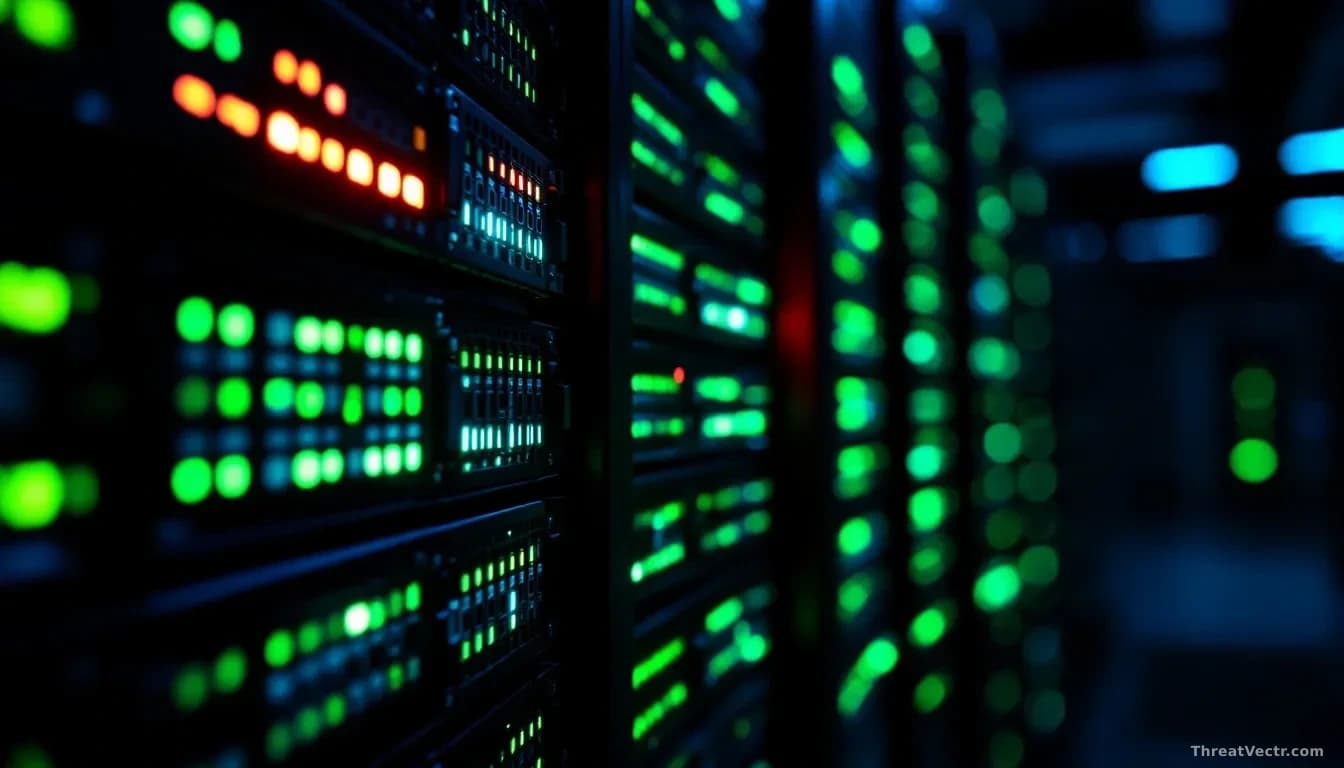 Full-frame photoreal editorial image of a dimly lit server rack in a data centre, one status light glowing red among rows of green, cool blue ambient lighting, 