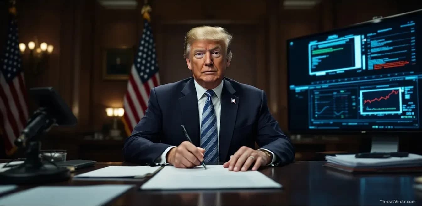 An official government address setting with teleprompter visible, security briefing documents on a desk, and split-screen visualization showing conflicting inte