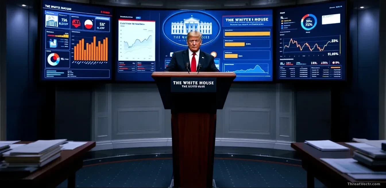 The White House podium or official government setting with documents and declassified materials visible, a large display screen behind showing charts and electi