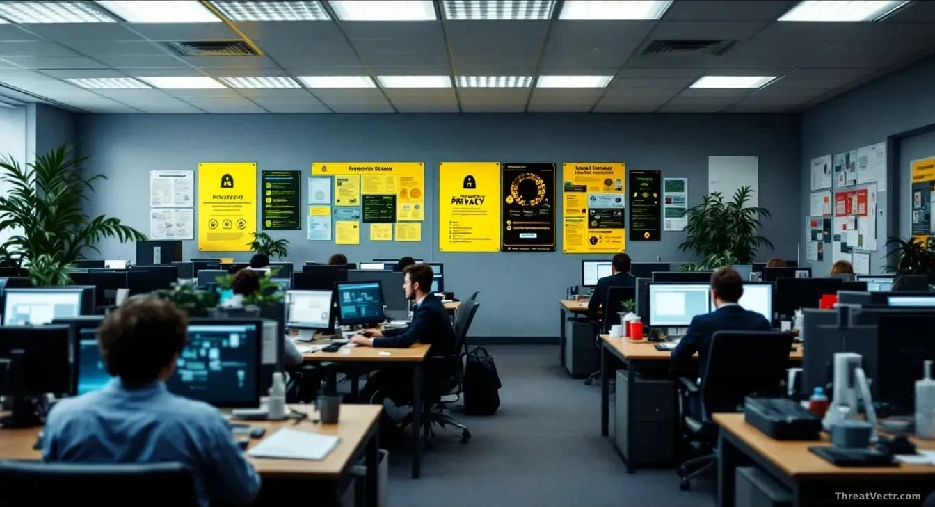 A New Zealand office or government building interior with privacy and security posters visible, employees at desks accessing computer systems, with visual indic