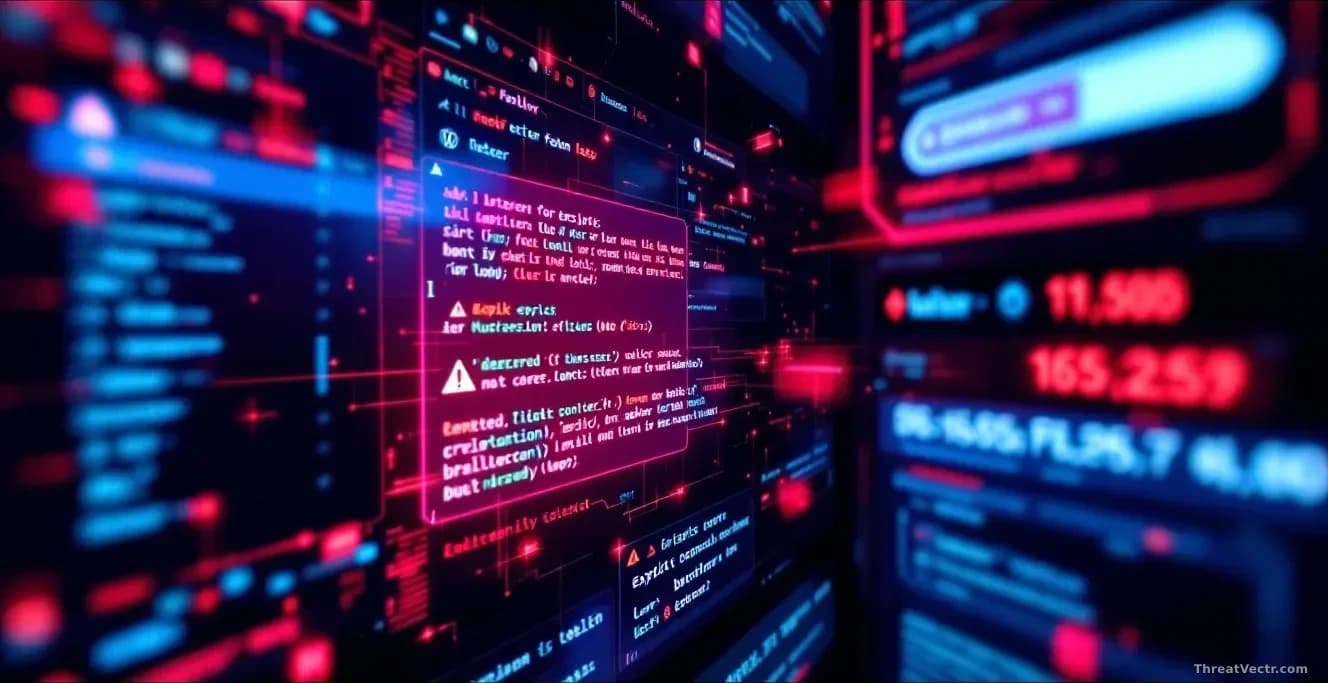 A WordPress website dashboard under active attack, with visual indicators of exploit attempts and unauthorized commands being executed, warning panels and secur