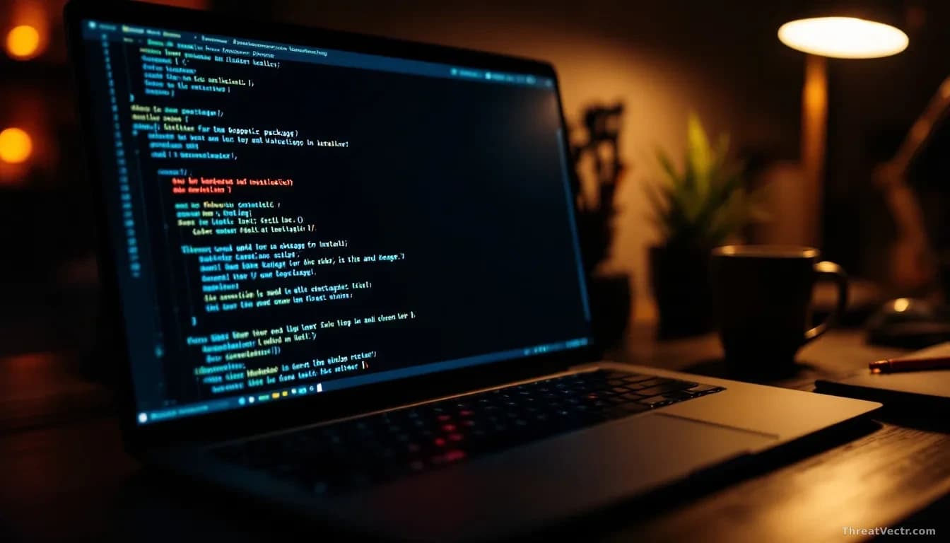 Full-frame overhead photograph of a developer workstation at night, glowing terminal window on a matte black laptop screen showing generic package installation