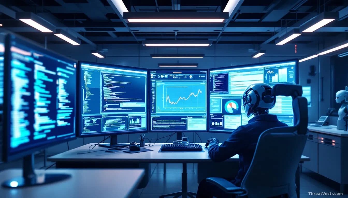 A high-tech research laboratory setup with AI system running vulnerability scans across code repositories, multiple screens displaying discovered security flaws