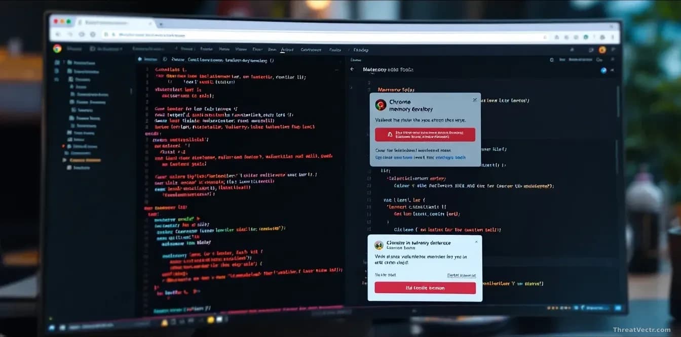 A software developer's workspace with Chrome browser open and developer tools displaying memory-related error logs and vulnerability patch notes highlighted in 