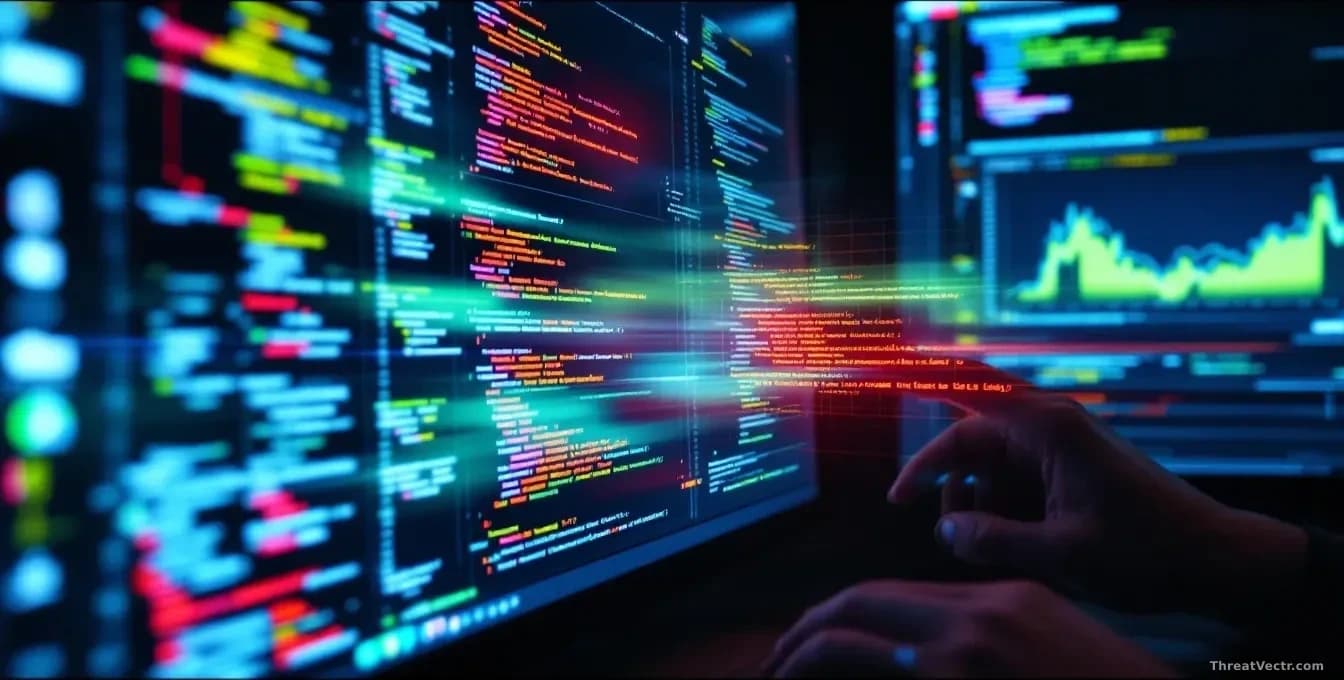 A software development workspace with code visible on multiple screens, an automated scanning interface highlighting vulnerabilities in red, and suggested fixes