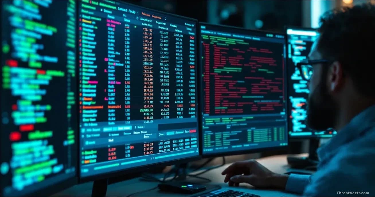 A database or spreadsheet interface displayed on multiple monitors in a research setting, showing columns of breach data, dates, and affected companies, with de