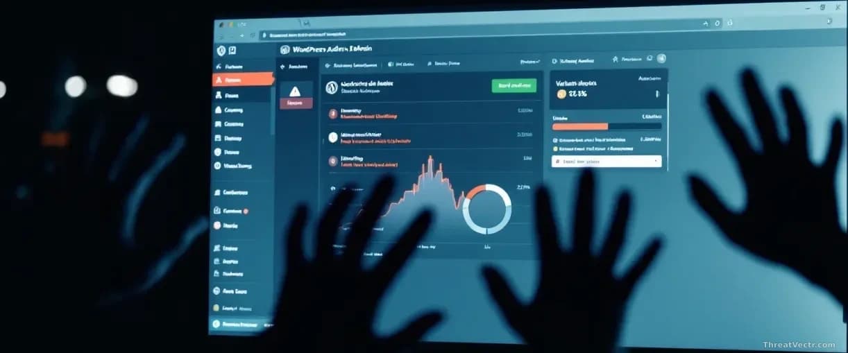 A WordPress admin dashboard displayed on a monitor with warning indicators and vulnerability highlights visible, shadowy hands reaching toward the screen from o