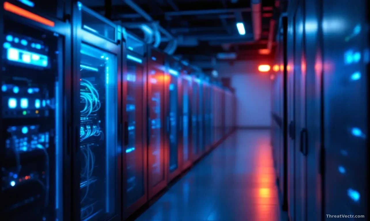 Full-frame photoreal editorial image of a dimly lit server room with rows of blue-lit rack equipment, one open rack door revealing exposed cabling, warm amber w