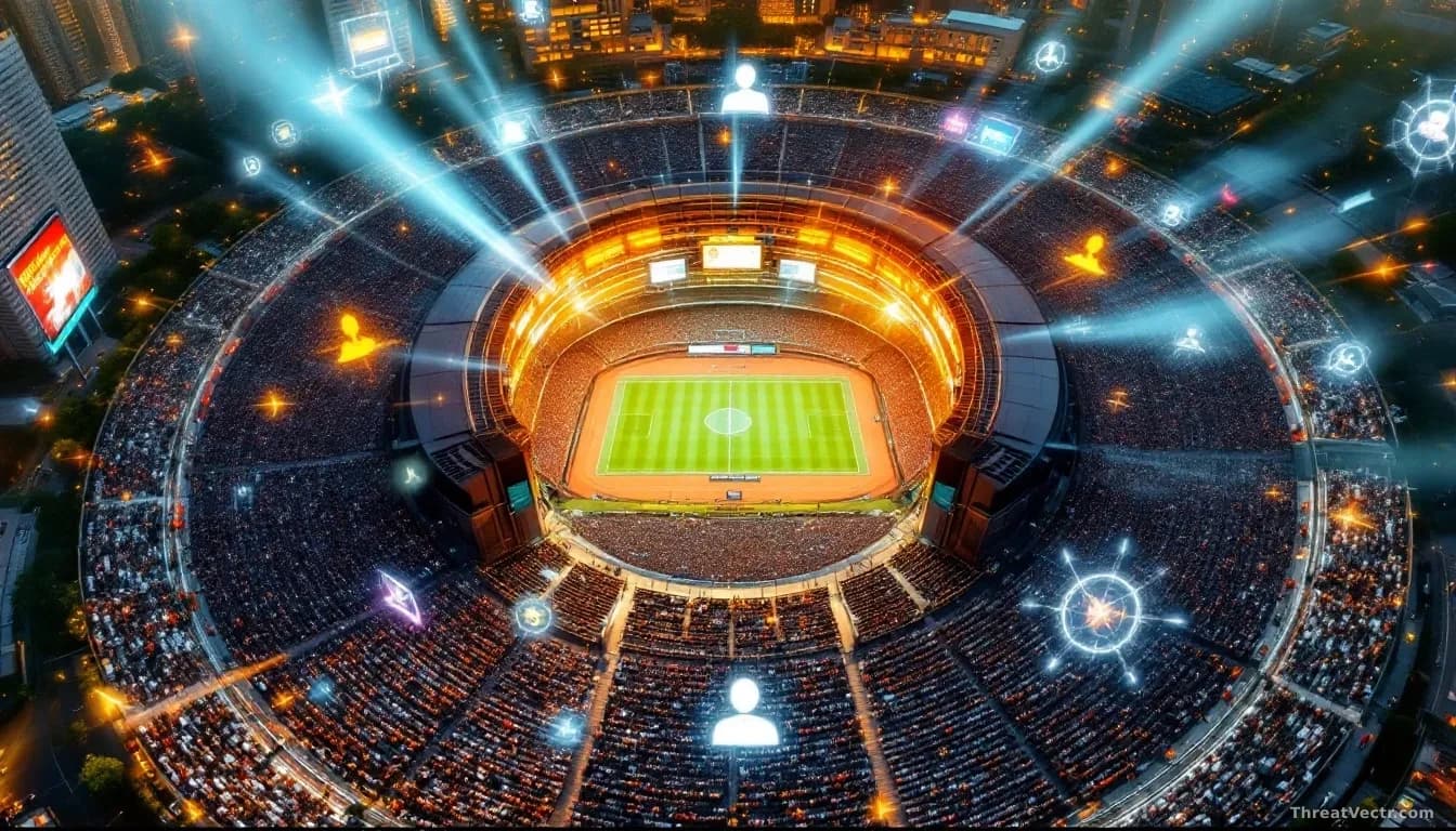An aerial view of a large outdoor venue or stadium surrounded by crowds, with digital overlay elements representing online threats, hacking attempts, and data b
