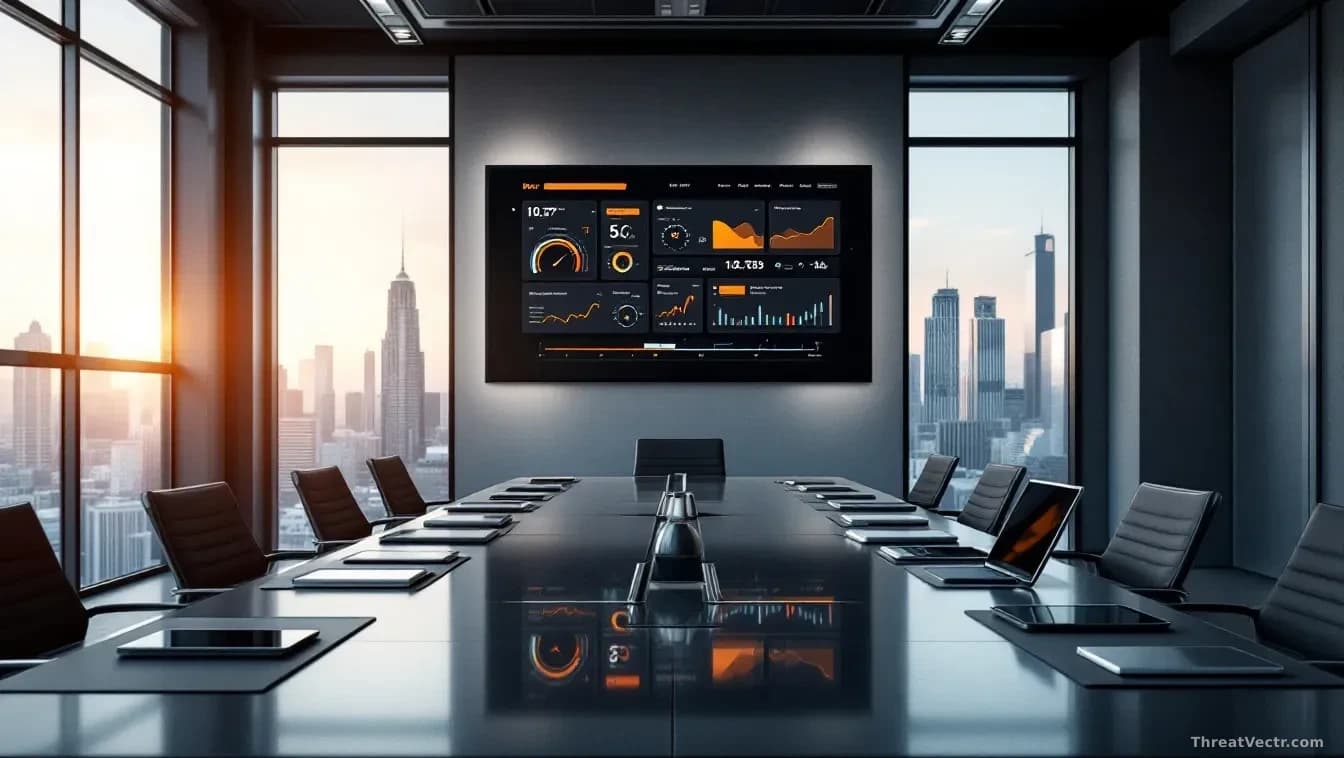 A modern office boardroom with large windows overlooking a city, a presentation screen showing dashboard controls and safety guardrails, notebooks and tablets s