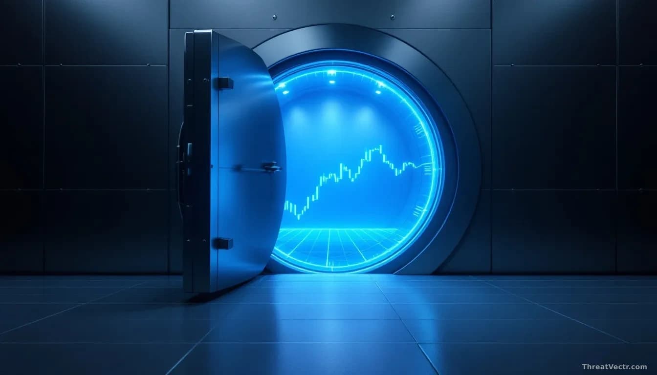 Full-frame edge-to-edge photoreal news-editorial image of an empty modern bank-style vault door swung open, cold blue server-room lighting spilling out, faint h