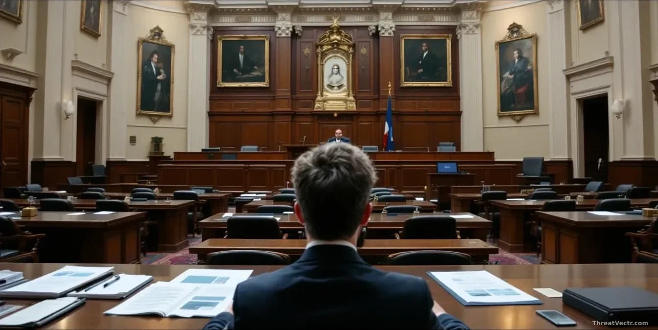 A Victorian parliament or government office setting with policy documents and digital platforms displayed, showing proposed legislation for online anonymity rem